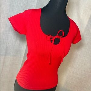 Bella Seamless Red Ribbed Top w/ a flattering Tie-Neck Bow